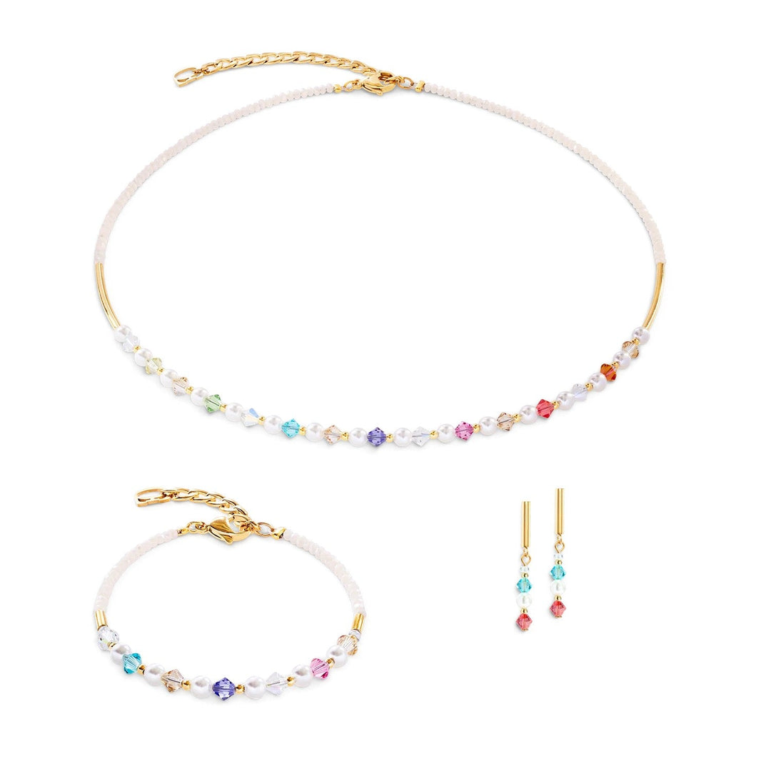 Niche Jewellery Coeur De Lion rainbow pearl necklace, bracelet, and earring set with gold-tone stainless steel