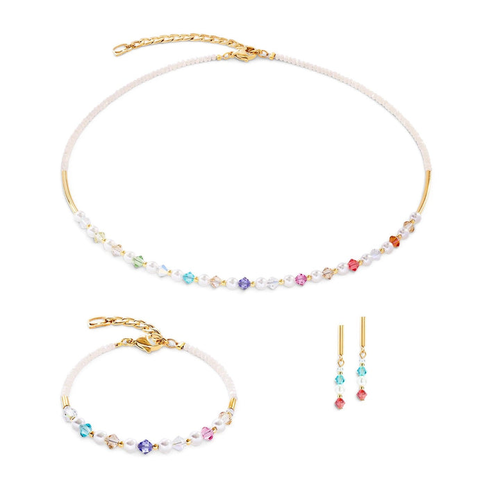Niche Jewellery Coeur De Lion rainbow pearl necklace, bracelet, and earring set with gold-tone stainless steel