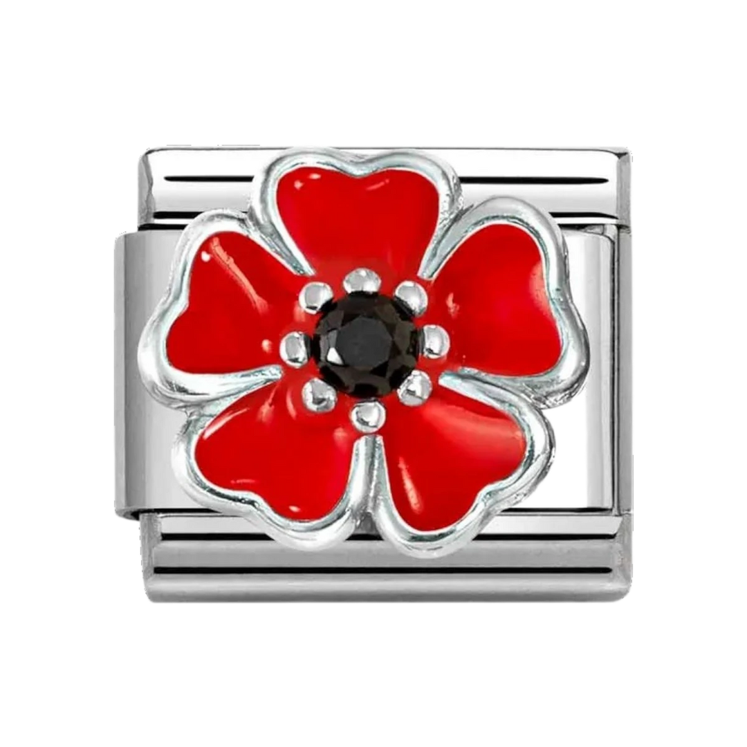 Niche Jewellery Nomination charm featuring a red and black enamel flower on a stainless steel and sterling silver link.
