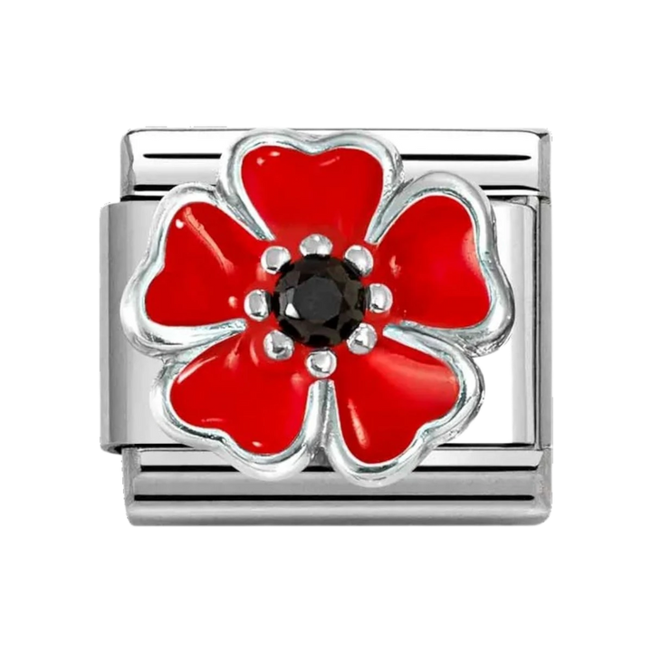 Niche Jewellery Nomination charm featuring a red and black enamel flower on a stainless steel and sterling silver link.