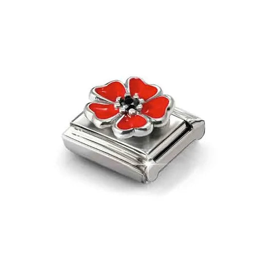 Niche Jewellery Nomination charm featuring a red and black enamel flower on a stainless steel and silver link
