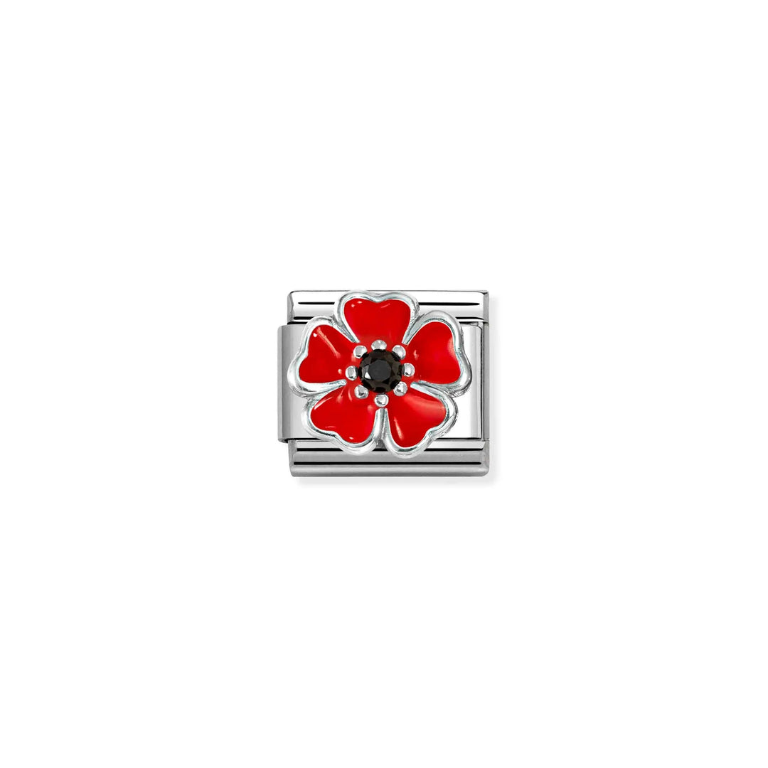 Niche Jewellery Nomination charm featuring a red and black enamel flower on a stainless steel and sterling silver link.