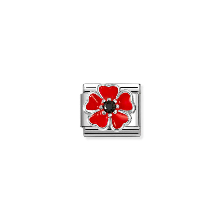 Niche Jewellery Nomination charm featuring a red and black enamel flower on a stainless steel and sterling silver link.
