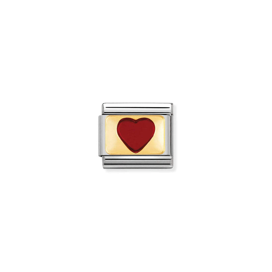 Niche Jewellery Nomination charm featuring a glossy red enamel heart set in 18k gold and stainless steel
