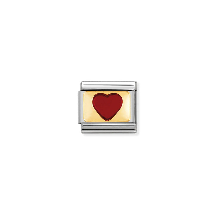 Niche Jewellery Nomination charm featuring a glossy red enamel heart set in 18k gold and stainless steel
