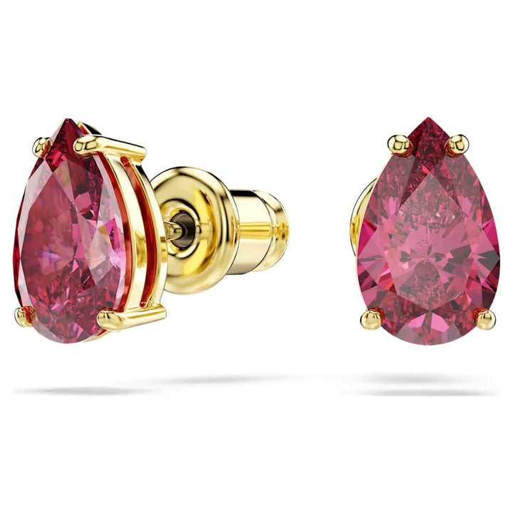 Niche Jewellery Swarovski Sublima pear-cut red crystal stud earrings with a warm 18K gold finish.