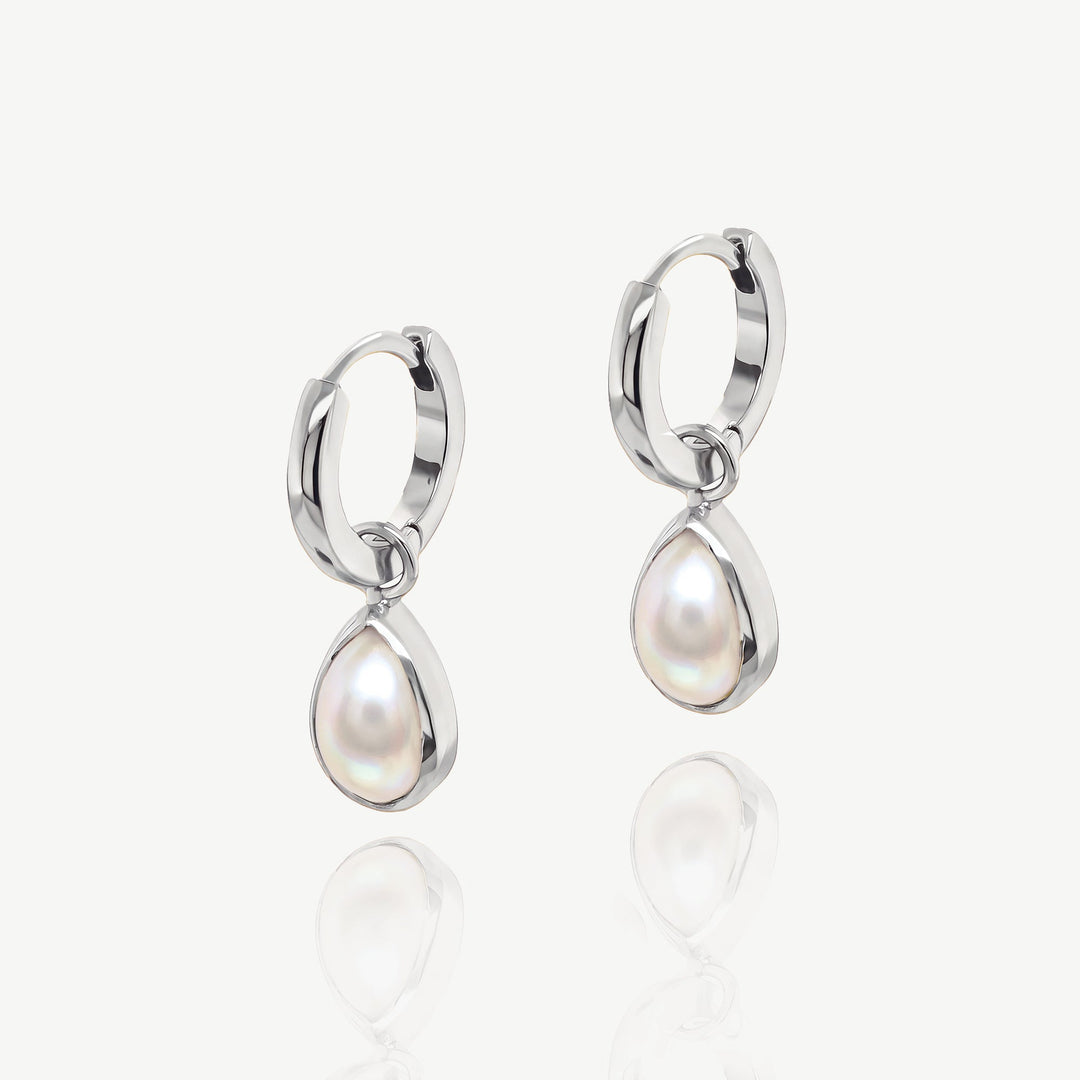 Niche Jewellery Ivory & Co Santorini rhodium hoop earrings with removable teardrop freshwater pearl charms.