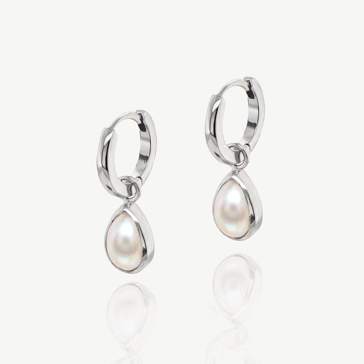 Niche Jewellery Ivory & Co Santorini rhodium hoop earrings with removable teardrop freshwater pearl charms.