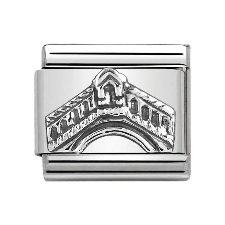 Niche Jewellery Nomination charm featuring an oxidised sterling silver Rialto Bridge design on stainless steel link.