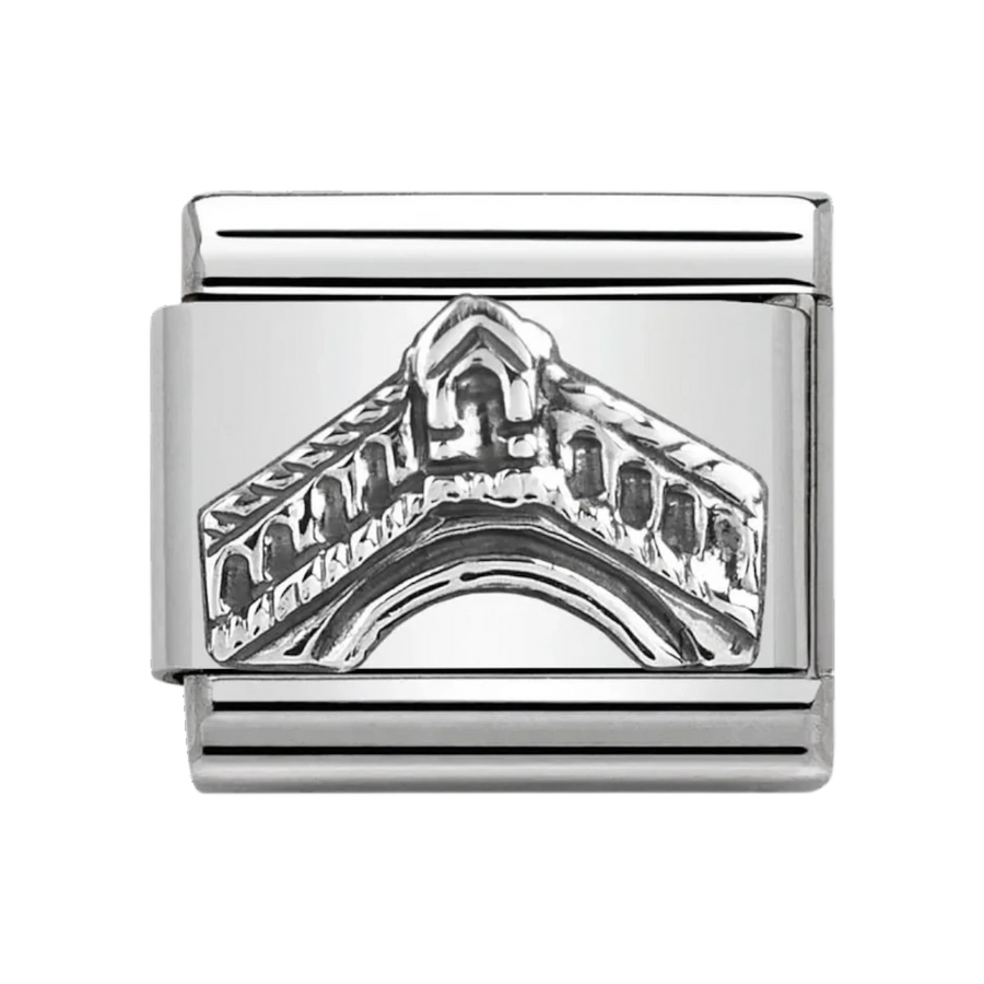 Niche Jewellery Nomination charm featuring an oxidised sterling silver Rialto Bridge design on stainless steel link.