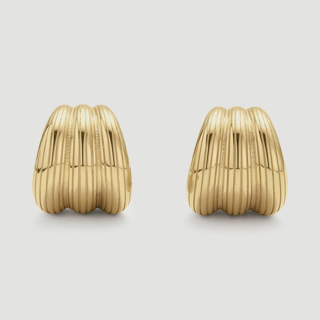 Niche Jewellery gold ribbed small hoop earrings in waterproof tarnish-free stainless steel with a textured finish.