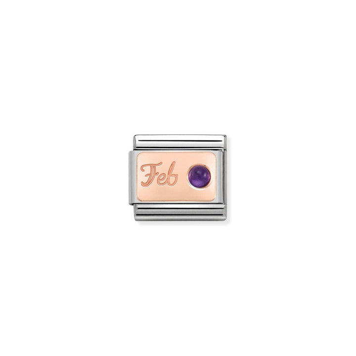 Niche Jewellery rose gold charm with 'Feb' engraving and a purple amethyst stone, part of the Nomination Composable collection.