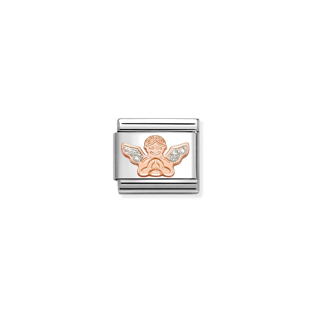 Niche Jewellery Nomination charm featuring a rose gold angel on stainless steel with sparkling glitter enamel detail.