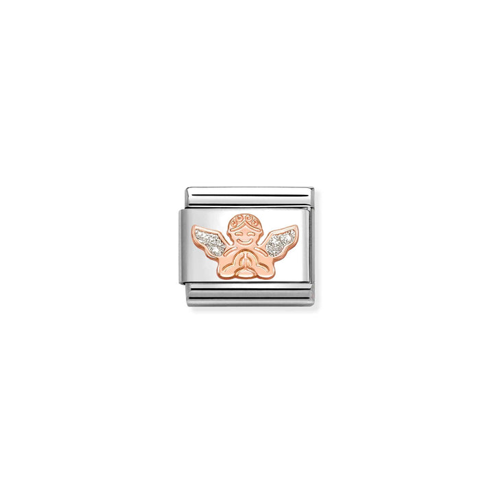 Niche Jewellery Nomination charm featuring a rose gold angel on stainless steel with sparkling glitter enamel detail.
