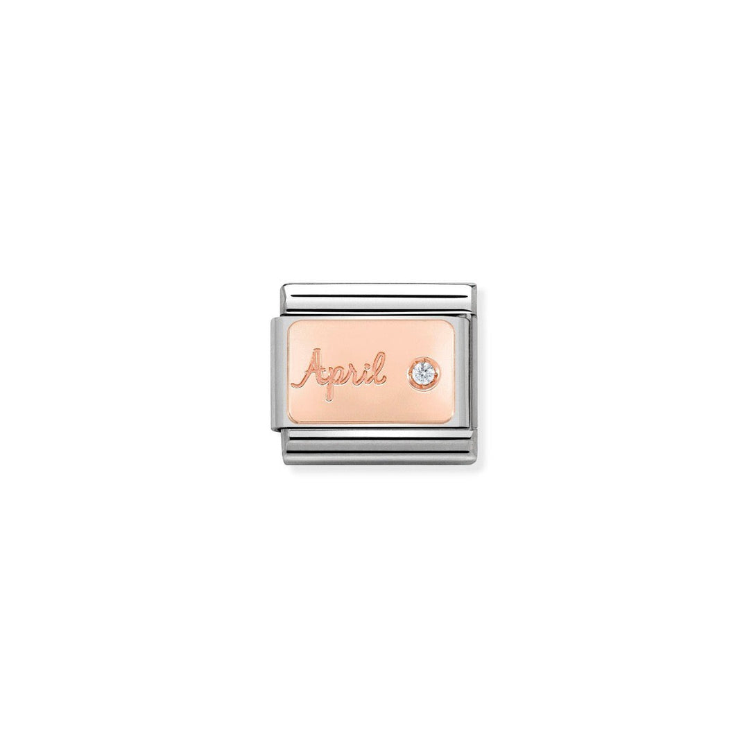 Niche Jewellery rose gold charm with 'April' engraved and a small diamond, part of the Nomination Composable bracelet system.