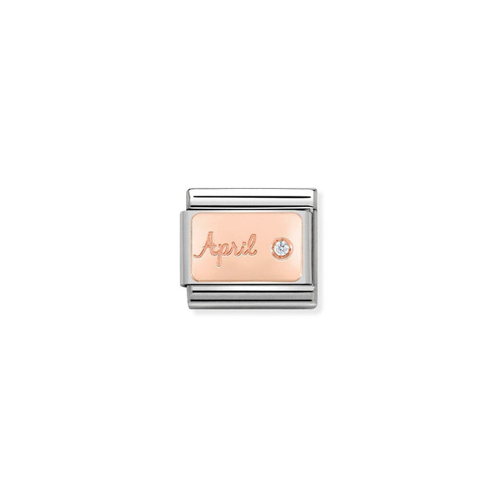 Niche Jewellery rose gold charm with 'April' engraved and a small diamond, part of the Nomination Composable bracelet system.