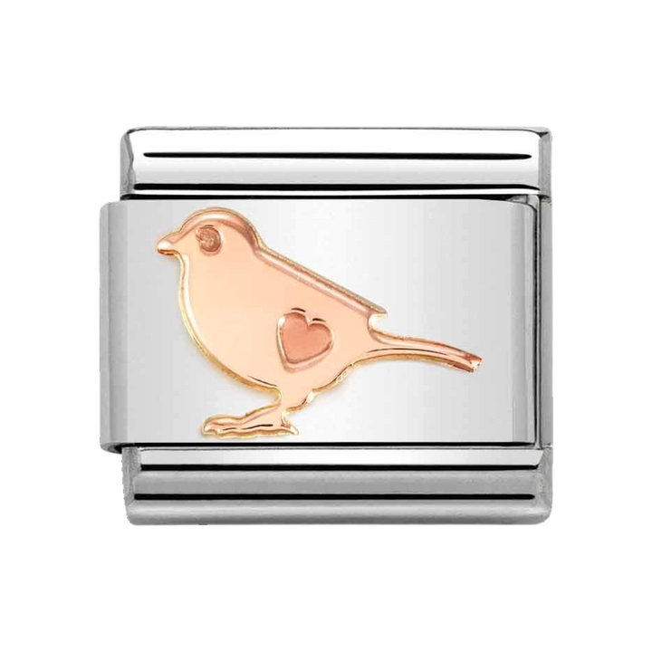 Niche Jewellery Nomination charm featuring a rose gold bird with a heart detail on a stainless steel link.