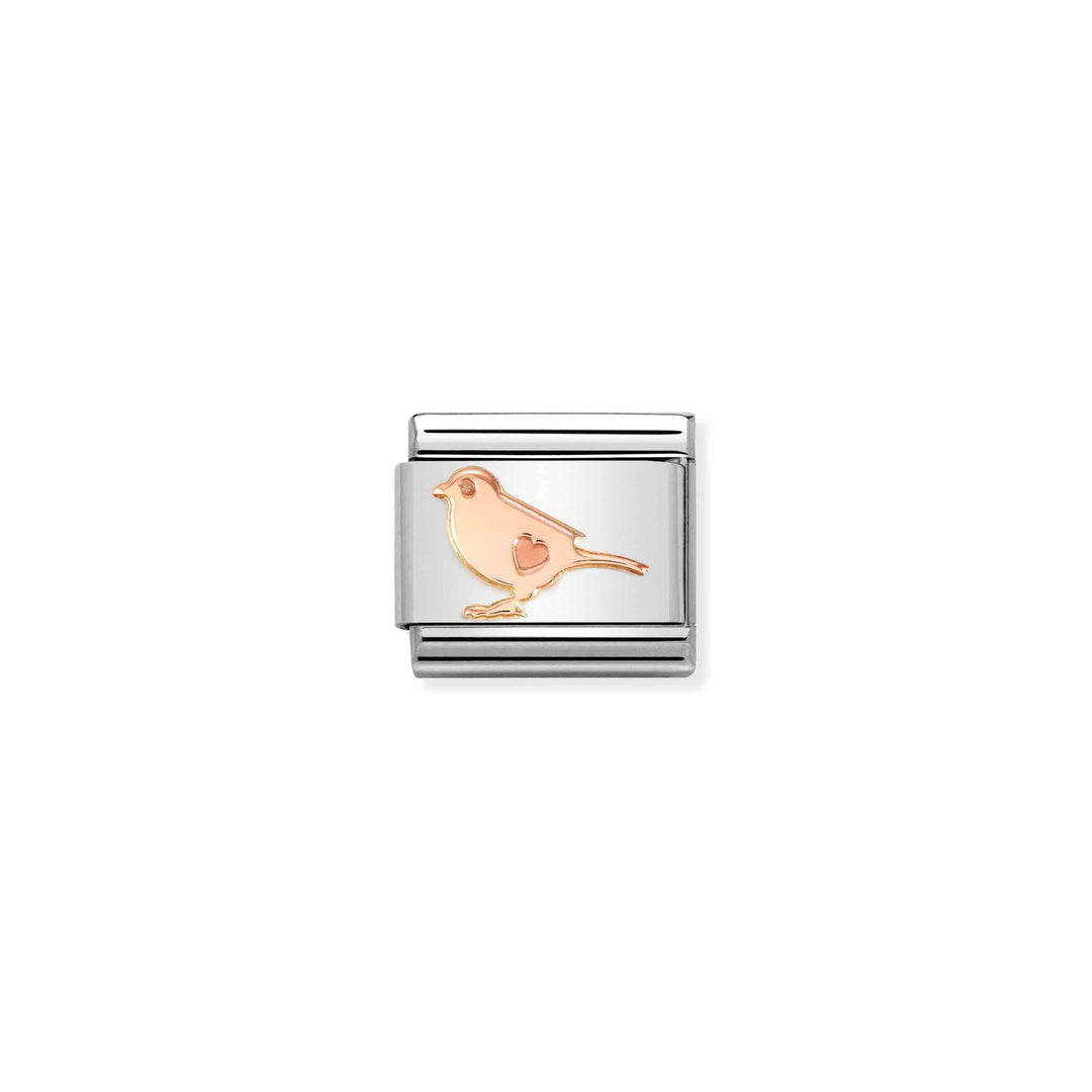 Niche Jewellery Nomination charm featuring a rose gold bird with a heart detail on a stainless steel link.