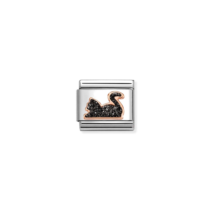 Niche Jewellery Nomination charm featuring a rose gold cat outline with black glitter enamel on stainless steel.