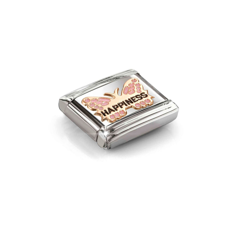 Niche Jewellery Nomination charm featuring a rose gold butterfly with pink enamel and the word Happiness engraved.