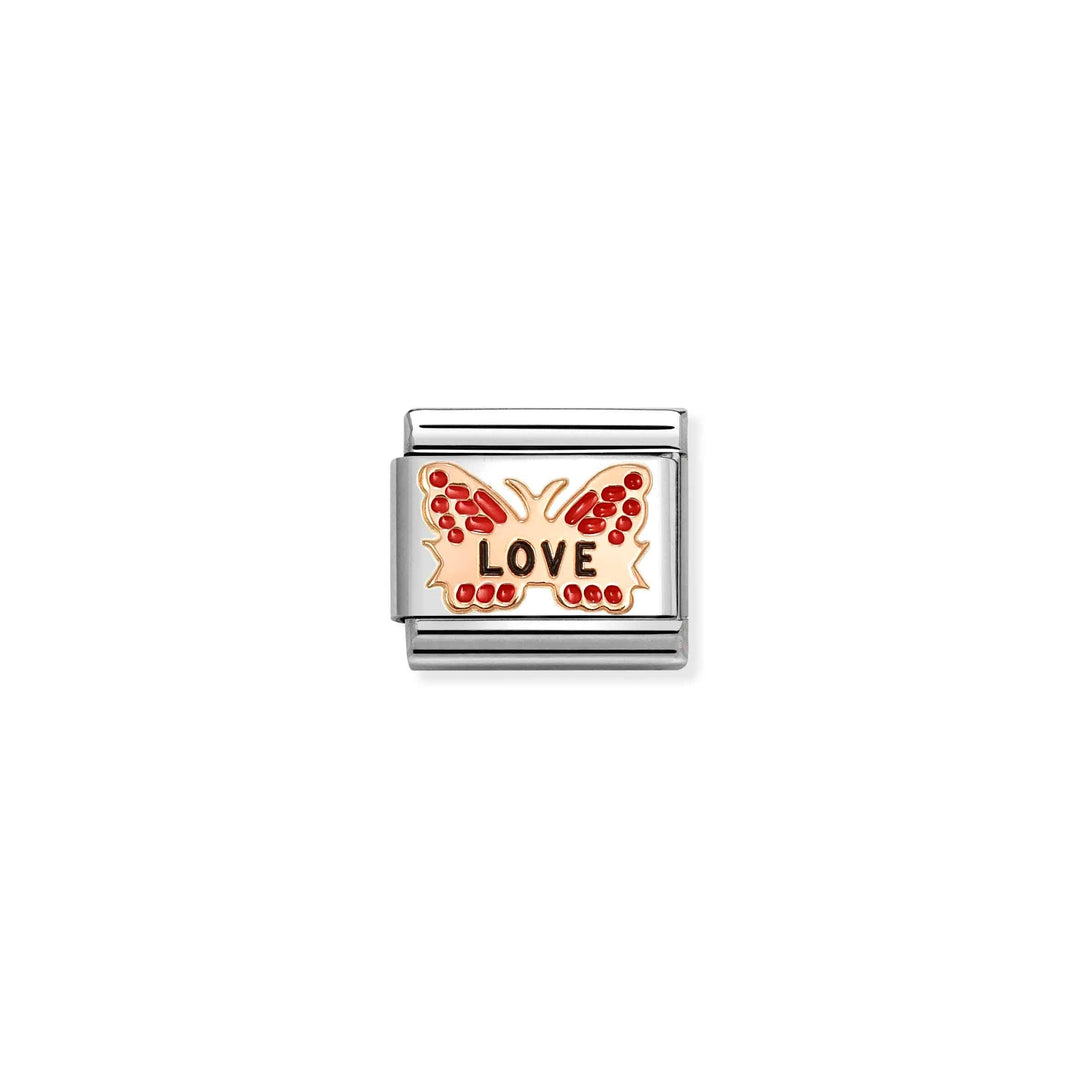 Niche Jewellery Nomination rose gold and stainless steel butterfly charm with red enamel and the word love engraved.