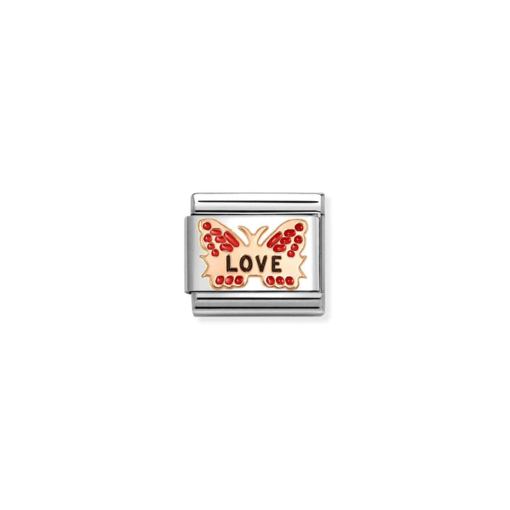 Niche Jewellery Nomination rose gold and stainless steel butterfly charm with red enamel and the word love engraved.