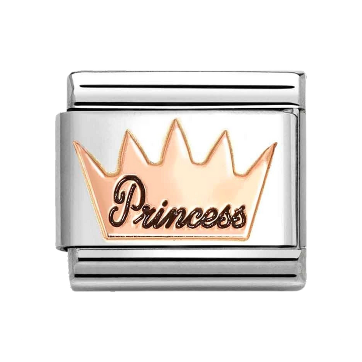 Niche Jewellery Nomination stainless steel charm featuring a 9k rose gold crown design with Princess enamel detail.