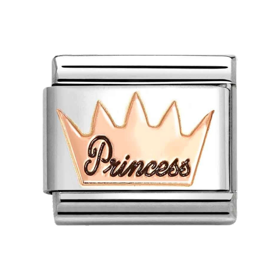 Niche Jewellery Nomination stainless steel charm featuring a 9k rose gold crown design with Princess enamel detail.
