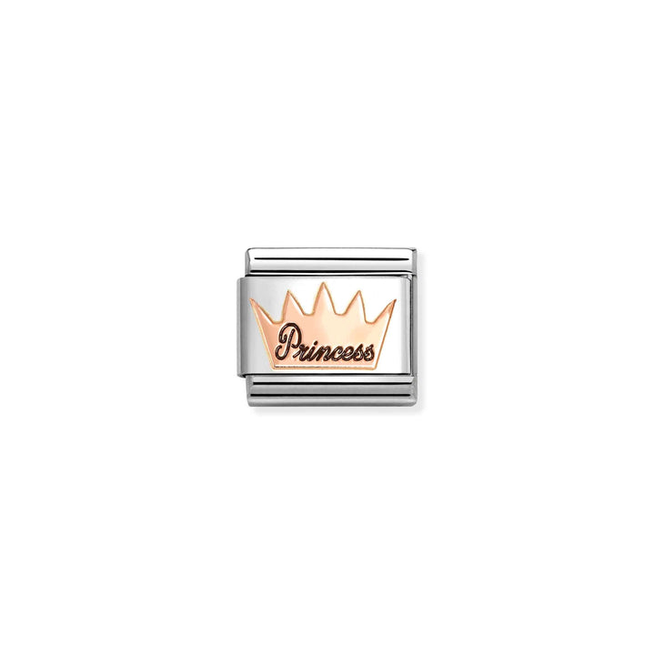 Niche Jewellery Nomination stainless steel charm featuring a 9k rose gold crown design with Princess enamel detail.