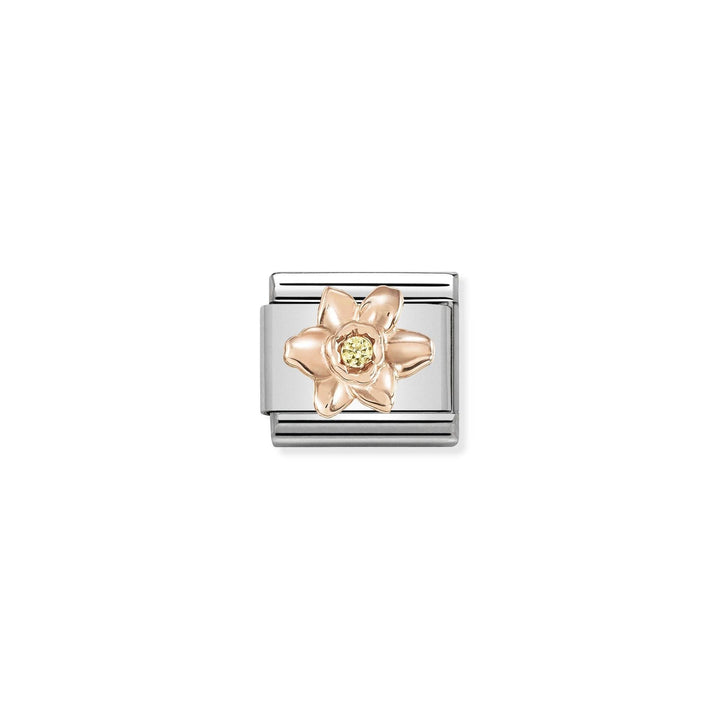 Niche Jewellery stainless steel charm with rose gold daffodil and yellow cubic zirconia.
