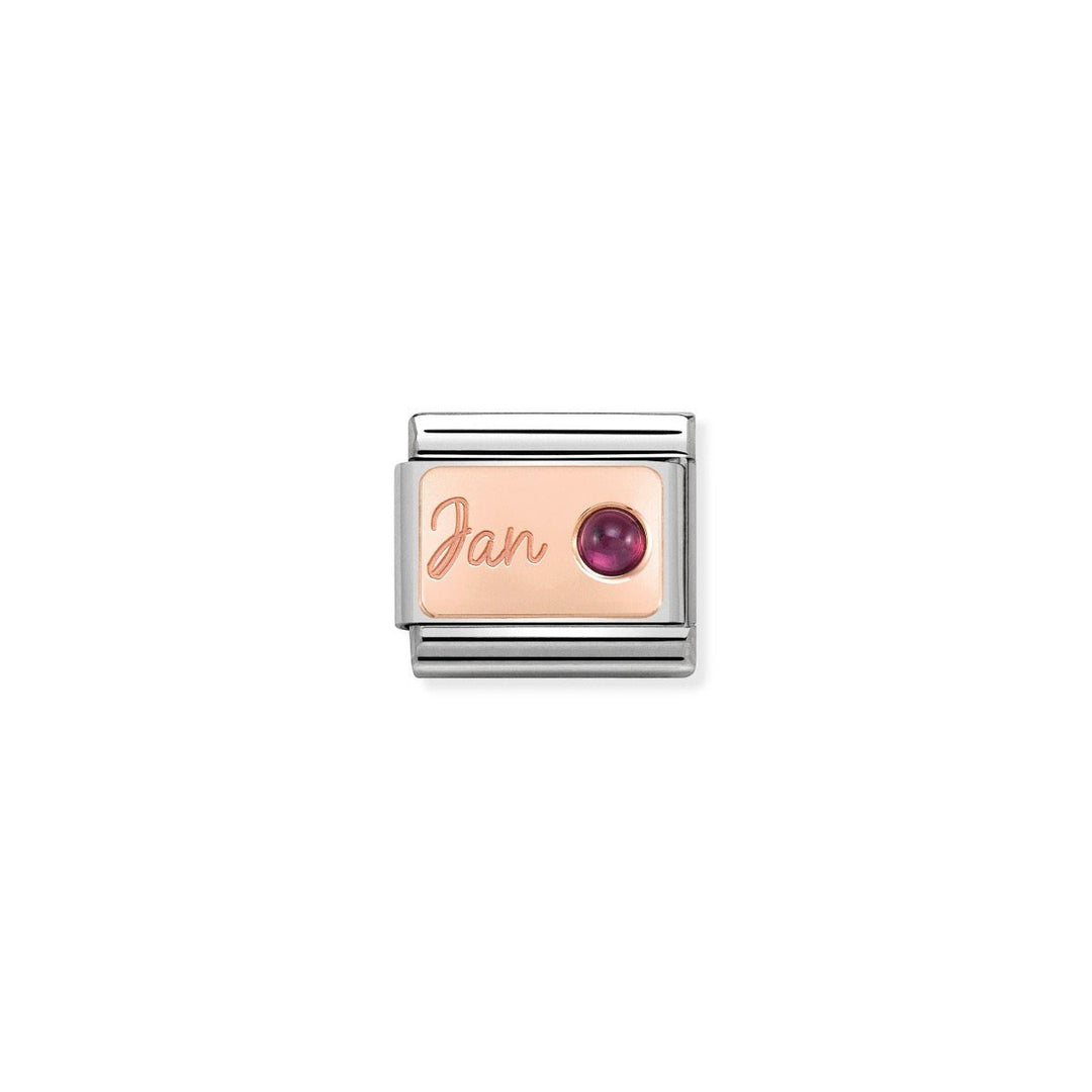 Niche Jewellery rose gold charm with 'Jan' engraving and a round garnet birthstone.