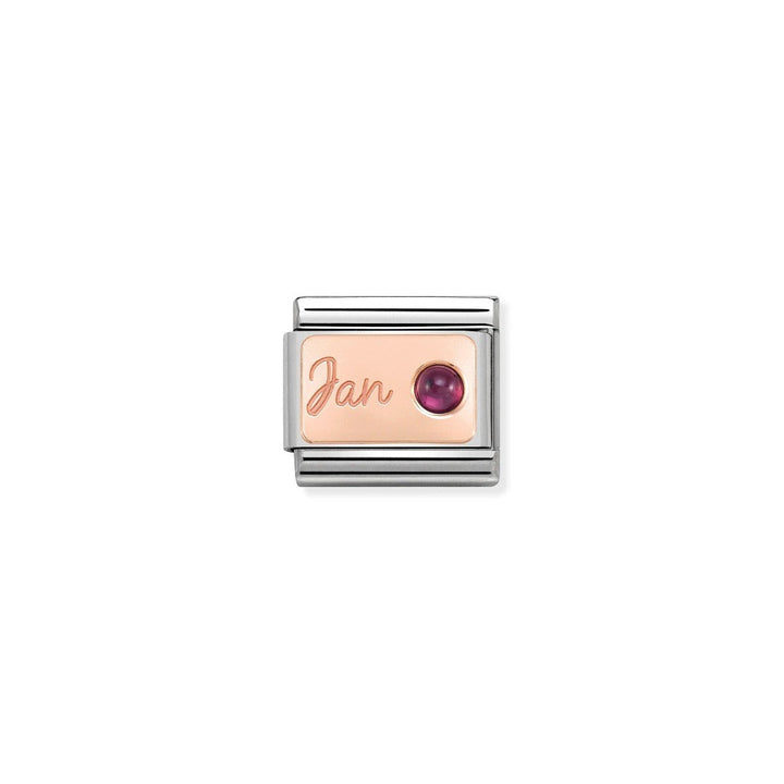 Niche Jewellery rose gold charm with 'Jan' engraving and a round garnet birthstone.
