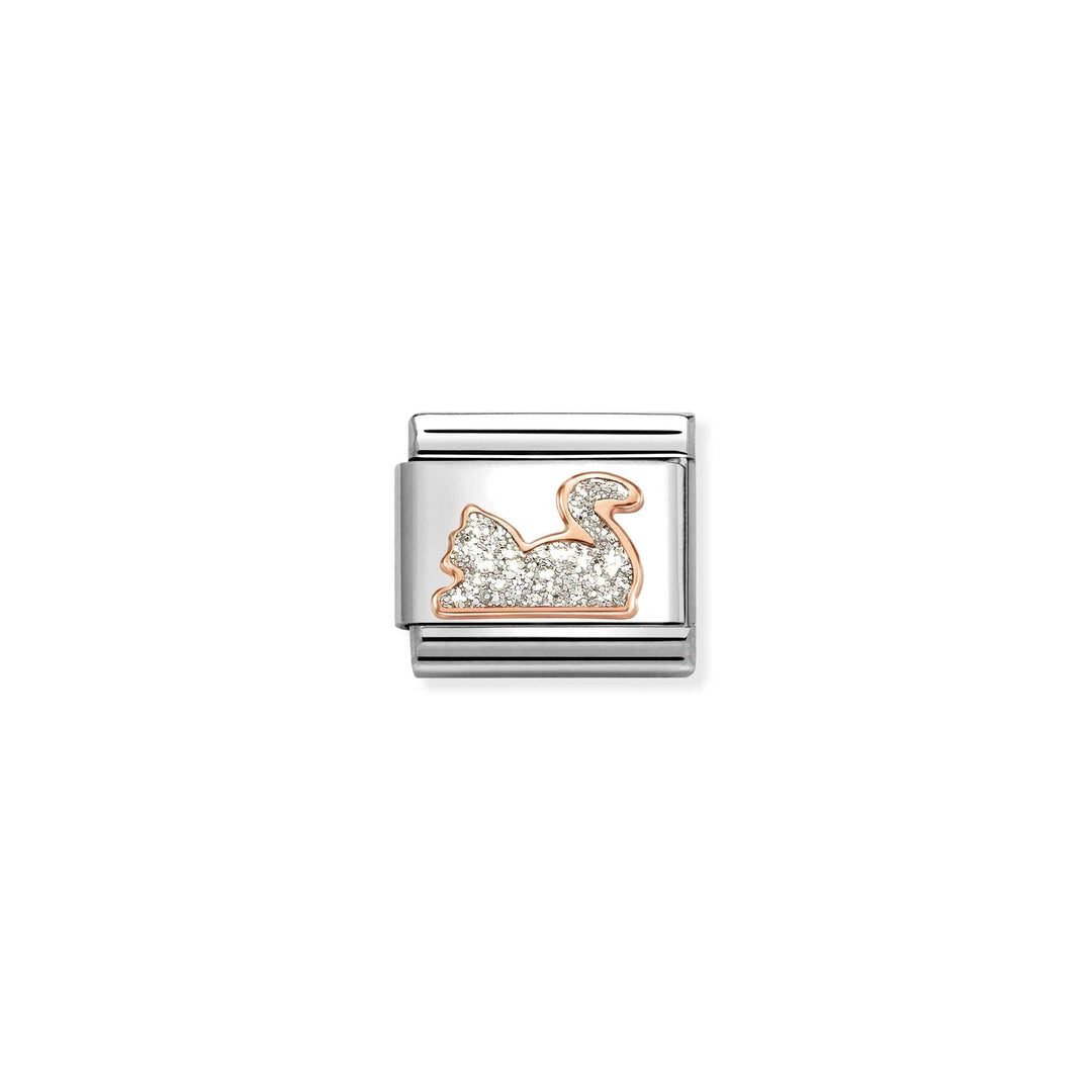 Niche Jewellery Nomination charm featuring a rose gold cat silhouette with white glitter enamel on stainless steel