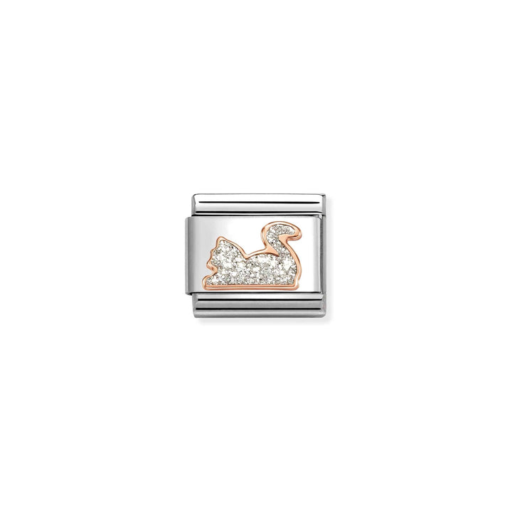 Niche Jewellery Nomination charm featuring a rose gold cat silhouette with white glitter enamel on stainless steel