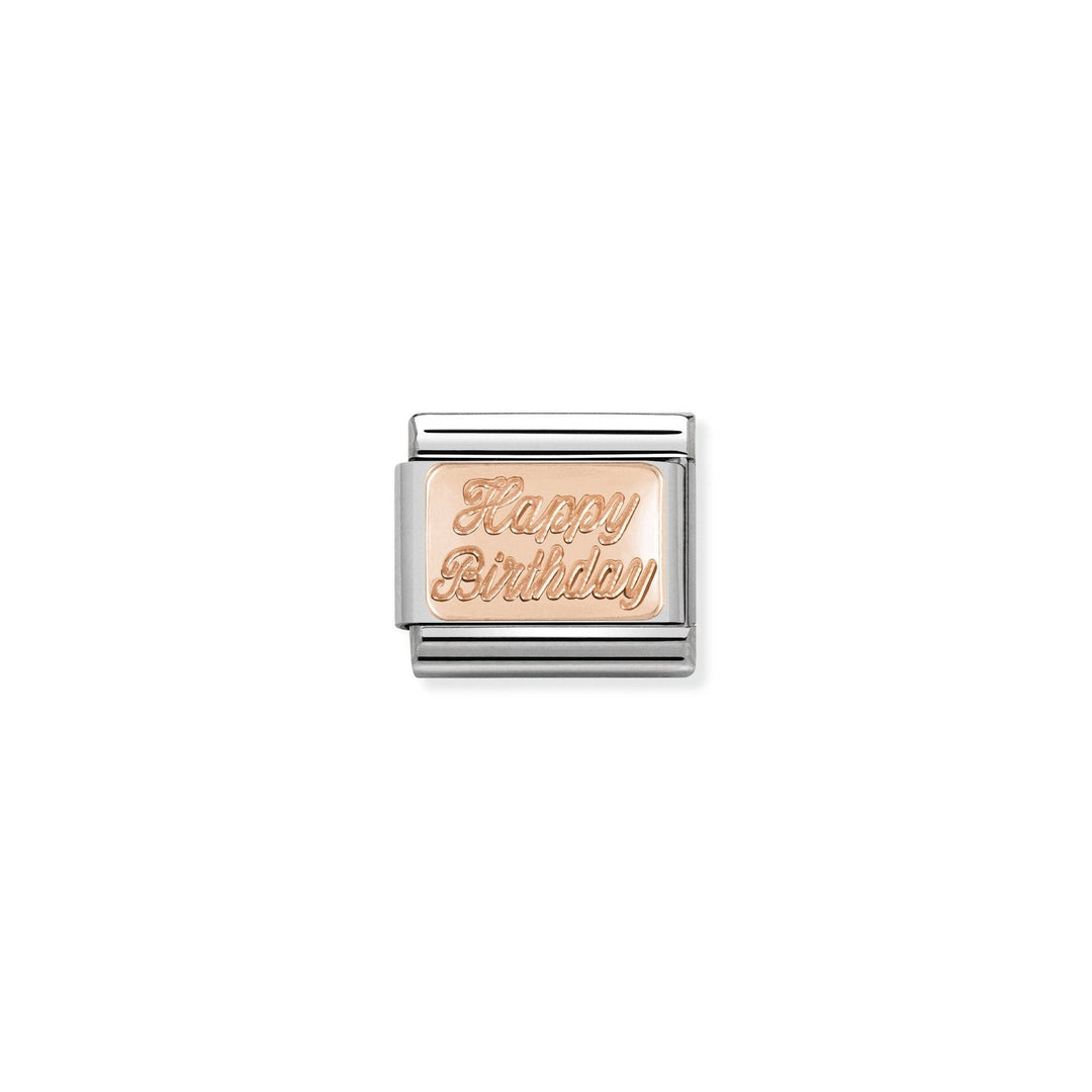 Niche Jewellery stainless steel and rose gold charm engraved with 'Happy Birthday' in a script font.