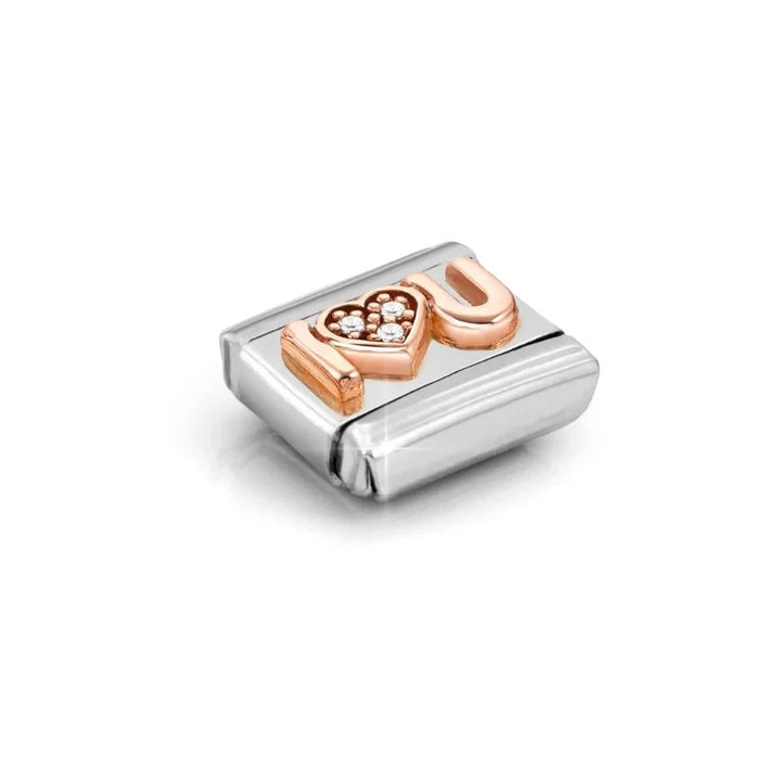 Niche Jewellery Nomination stainless steel charm featuring a rose gold I heart U design with sparkling cubic zirconia.