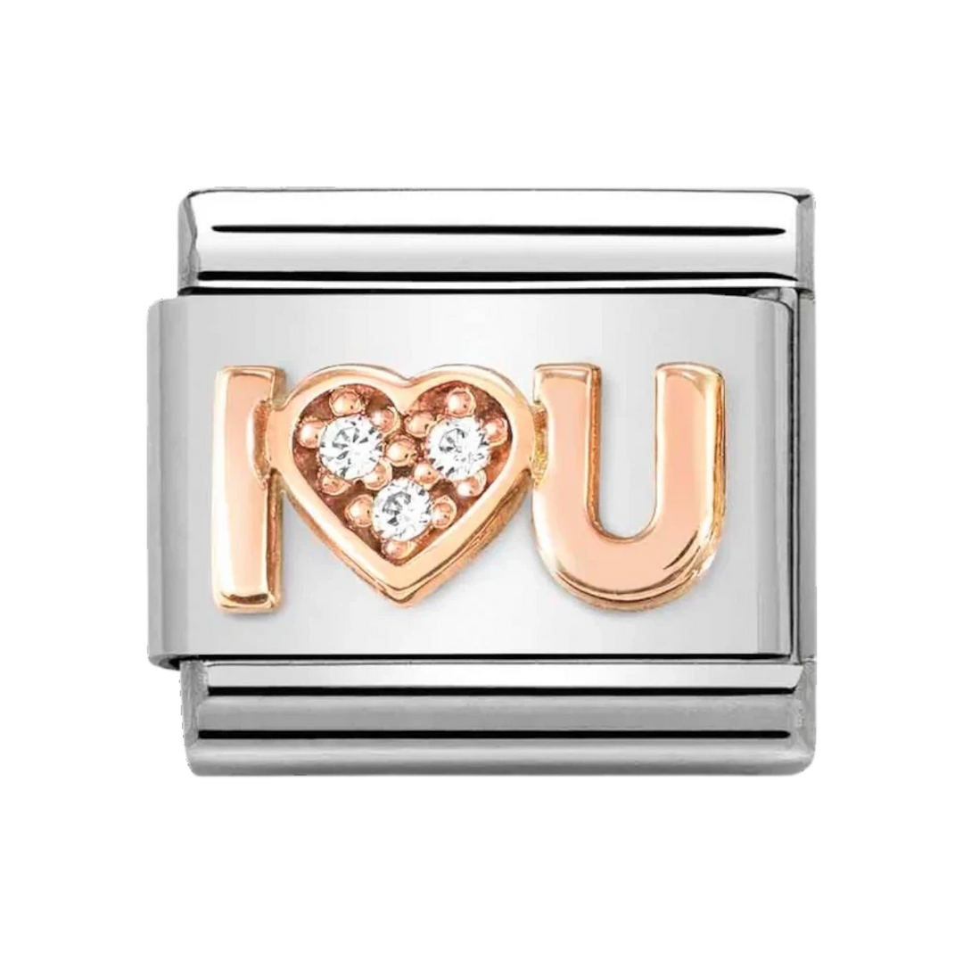 Niche Jewellery Nomination I Heart You charm in stainless steel with rose gold plating and sparkling cubic zirconia.