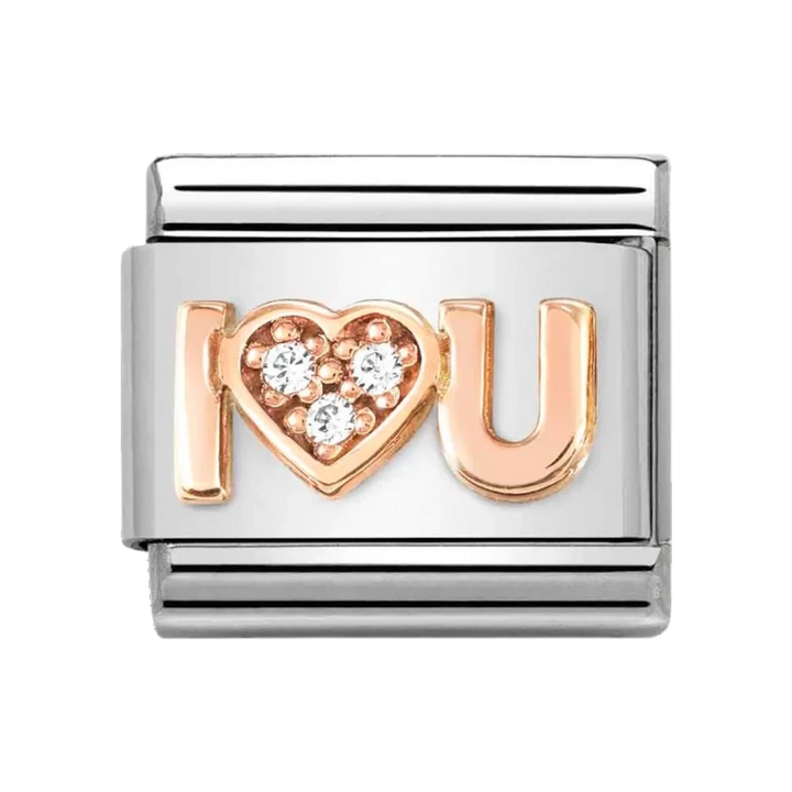 Niche Jewellery Nomination I Heart You charm in stainless steel with rose gold plating and sparkling cubic zirconia.