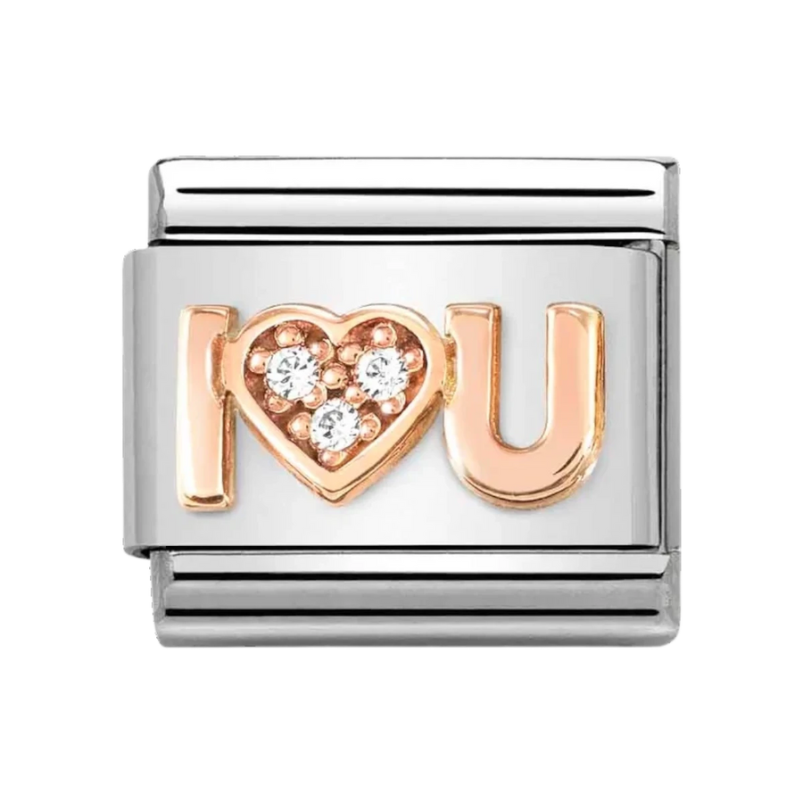 Niche Jewellery Nomination I Heart You charm in stainless steel with rose gold plating and sparkling cubic zirconia.