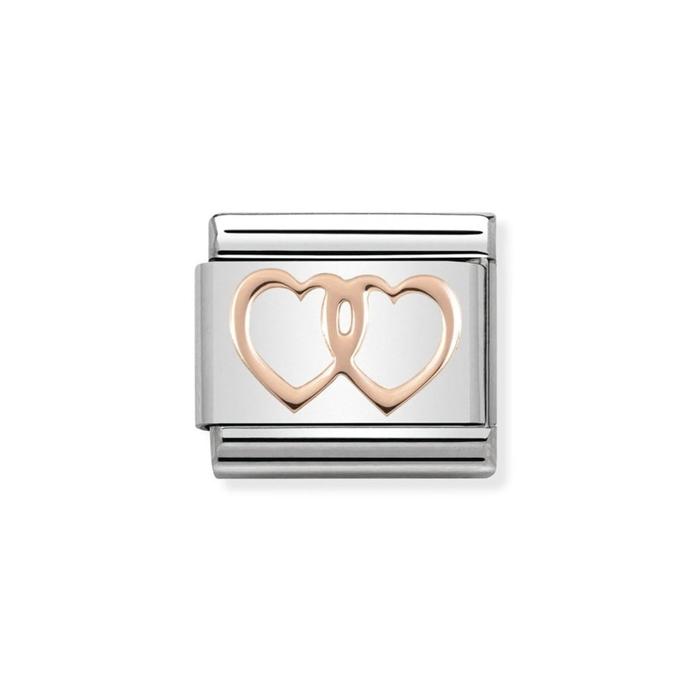 Niche Jewellery rose gold two open hearts charm crafted in stainless steel, symbolising entwined love.