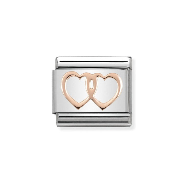 Niche Jewellery rose gold two open hearts charm crafted in stainless steel, symbolising entwined love.
