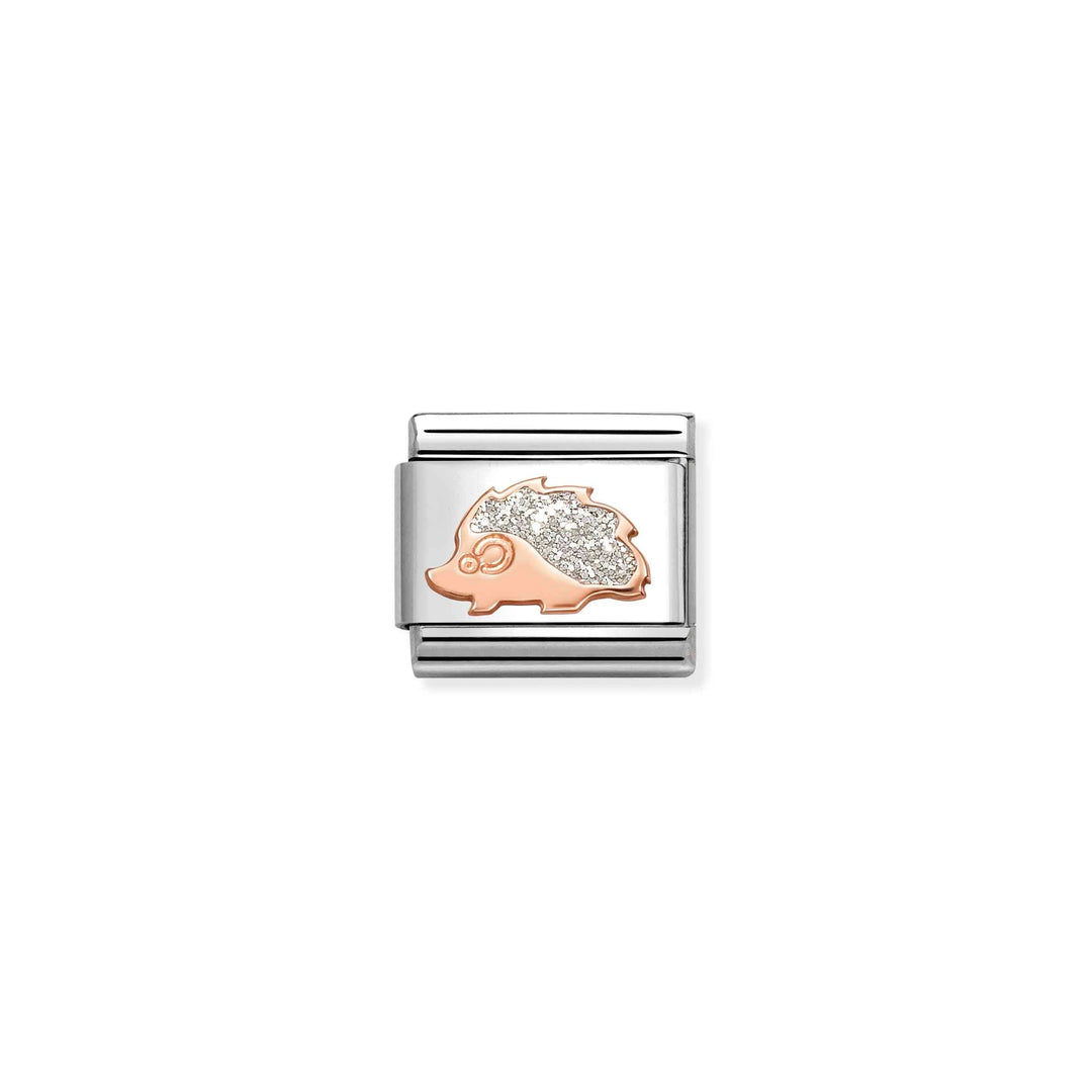 Niche Jewellery Nomination classic composable charm featuring a rose gold hedgehog with glitter enamel on stainless steel