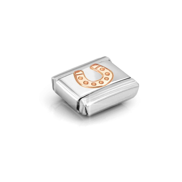 Niche Jewellery Nomination charm featuring a rose gold horseshoe symbol on a polished stainless steel link.