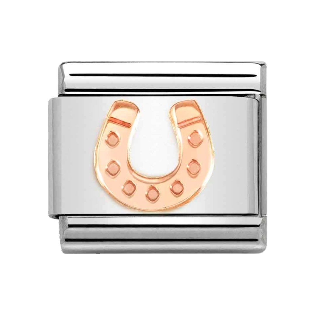 Niche Jewellery Nomination rose gold horseshoe charm on a stainless steel link for a classic bracelet.