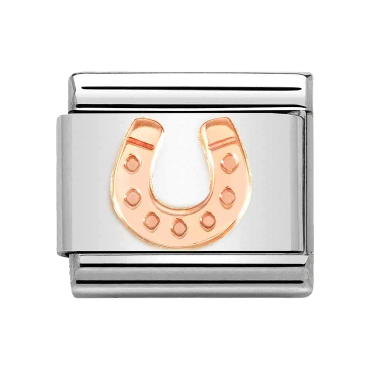 Niche Jewellery Nomination rose gold horseshoe charm on a stainless steel link for a classic bracelet.
