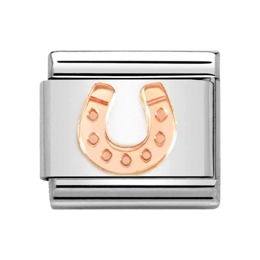 Niche Jewellery Nomination rose gold horseshoe charm on a stainless steel link for a classic bracelet.