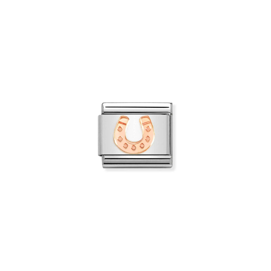 Niche Jewellery Nomination rose gold horseshoe charm on a stainless steel link for a classic charm bracelet.