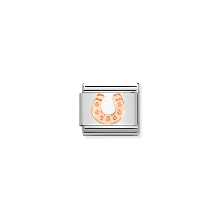 Niche Jewellery Nomination rose gold horseshoe charm on a stainless steel link for a classic charm bracelet.