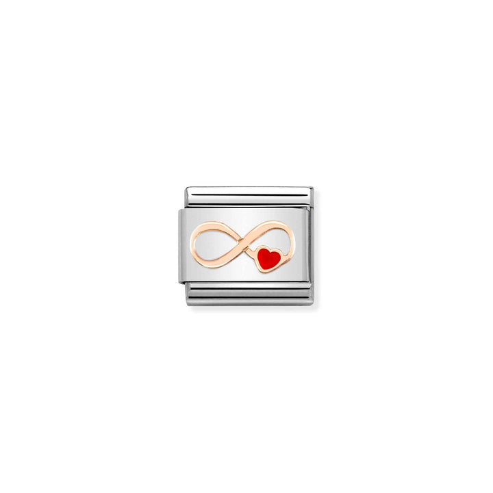 Niche Jewellery Nomination charm featuring a rose gold infinity symbol and red enamel heart on stainless steel link