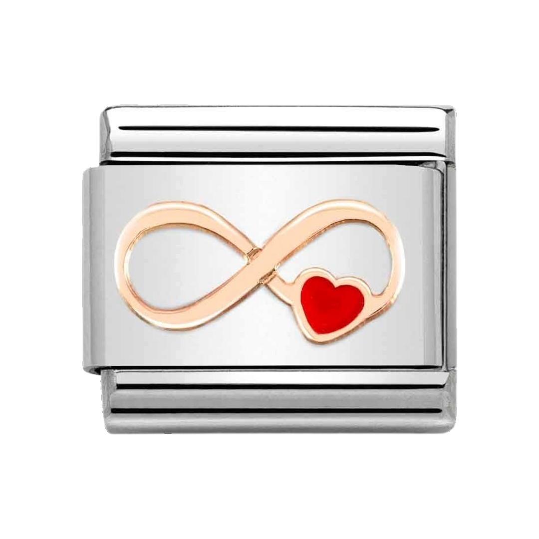 Niche Jewellery Nomination charm featuring a rose gold infinity symbol and red enamel heart on stainless steel link